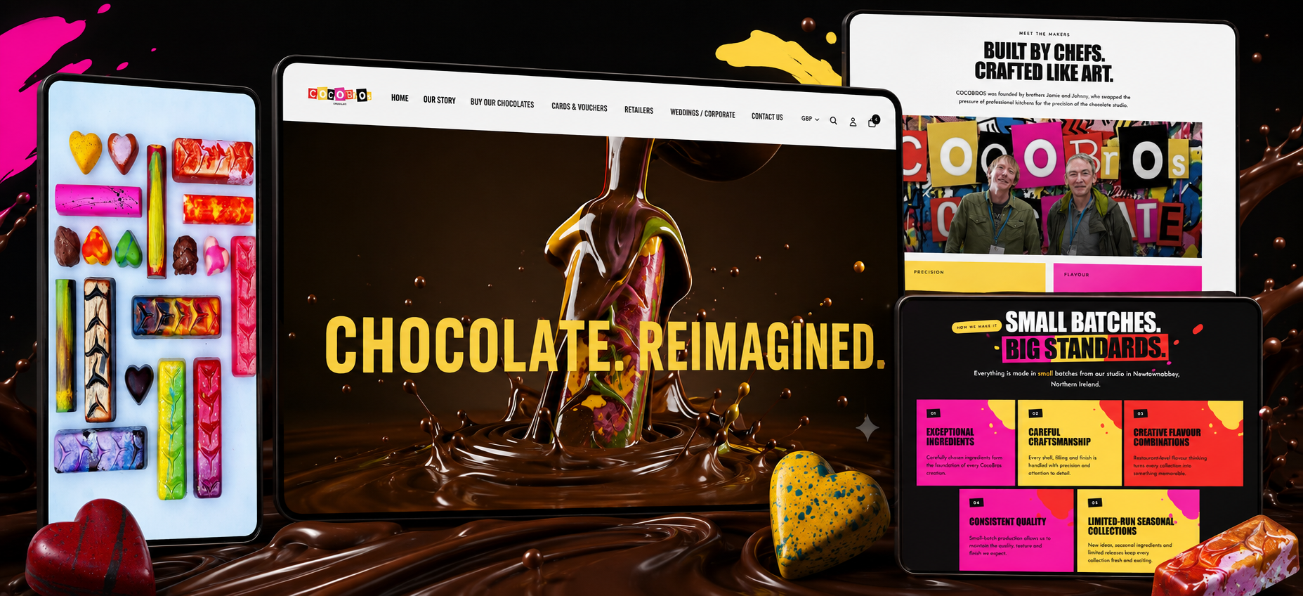 CocoBros Chocolate Shopify website displayed across desktop, tablet and mobile mockups, featuring colourful product photography, chocolate imagery and bold ecommerce website design.