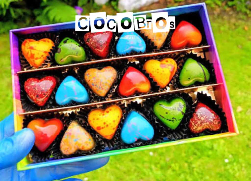 Cocobros Chocolate gift box featuring 15 colourful, handcrafted heart-shaped chocolates in red, orange, green and blue, with Cocobros branding.