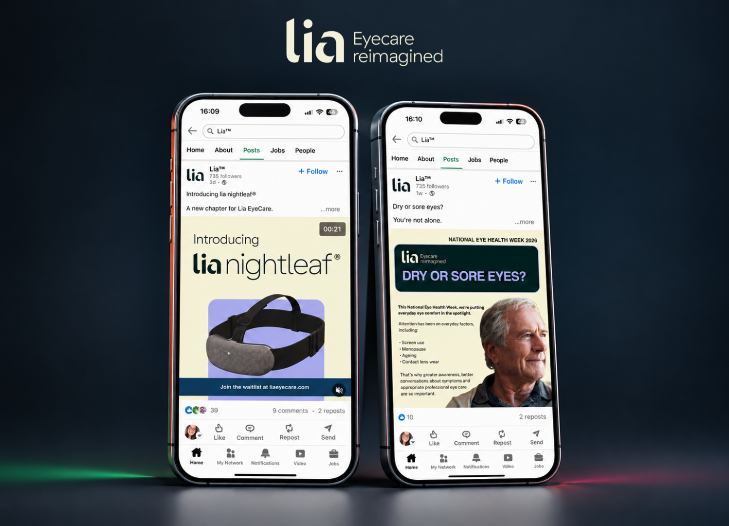 Lia EyeCare LinkedIn social media posts promoting nightleaf and dry eye awareness, displayed on two smartphone mockups.