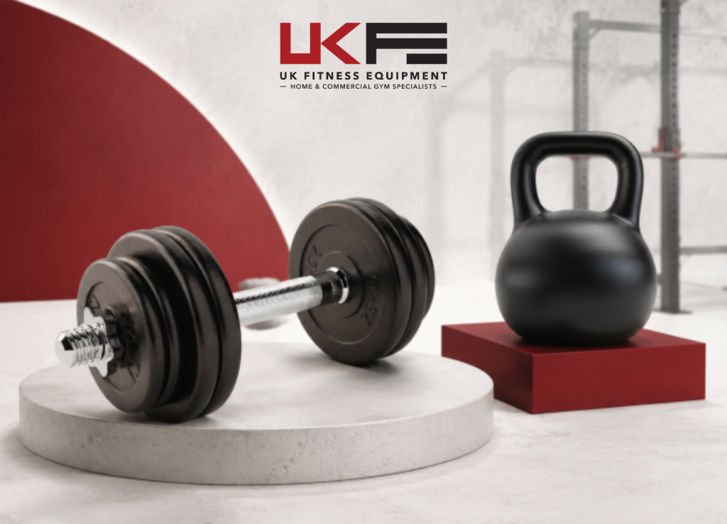 UK Fitness Equipment branded graphic featuring a dumbbell and kettlebell on display platforms with a red, black and white background.