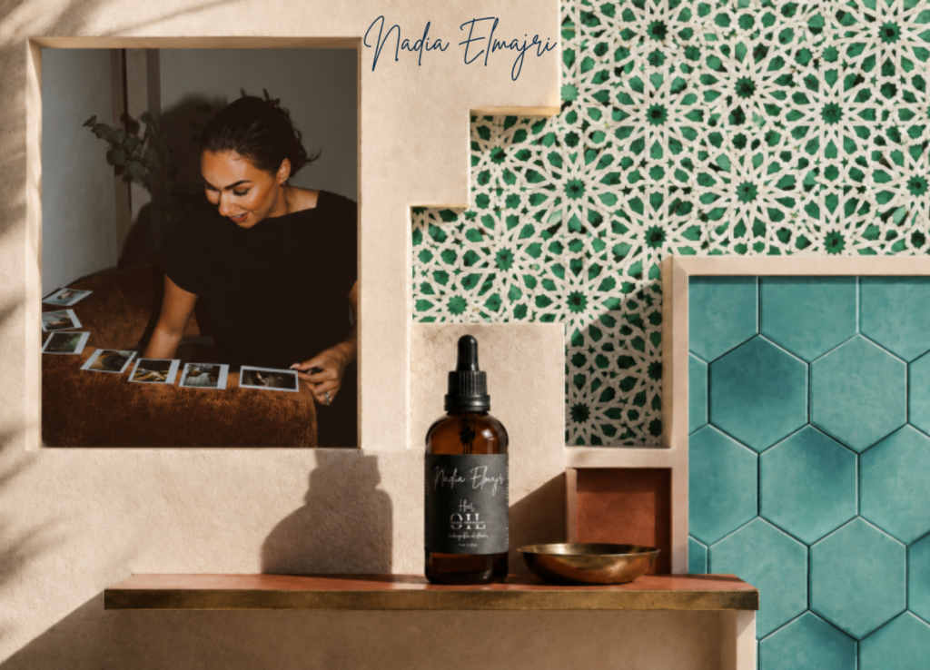 Nadia Elmajri brand imagery featuring a hair oil bottle, Moroccan-inspired tiles and lifestyle photography in warm, earthy tones.