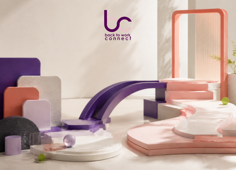 Back to Work Connect branding featuring the purple BC logo and abstract 3D shapes in purple, pink and coral.
