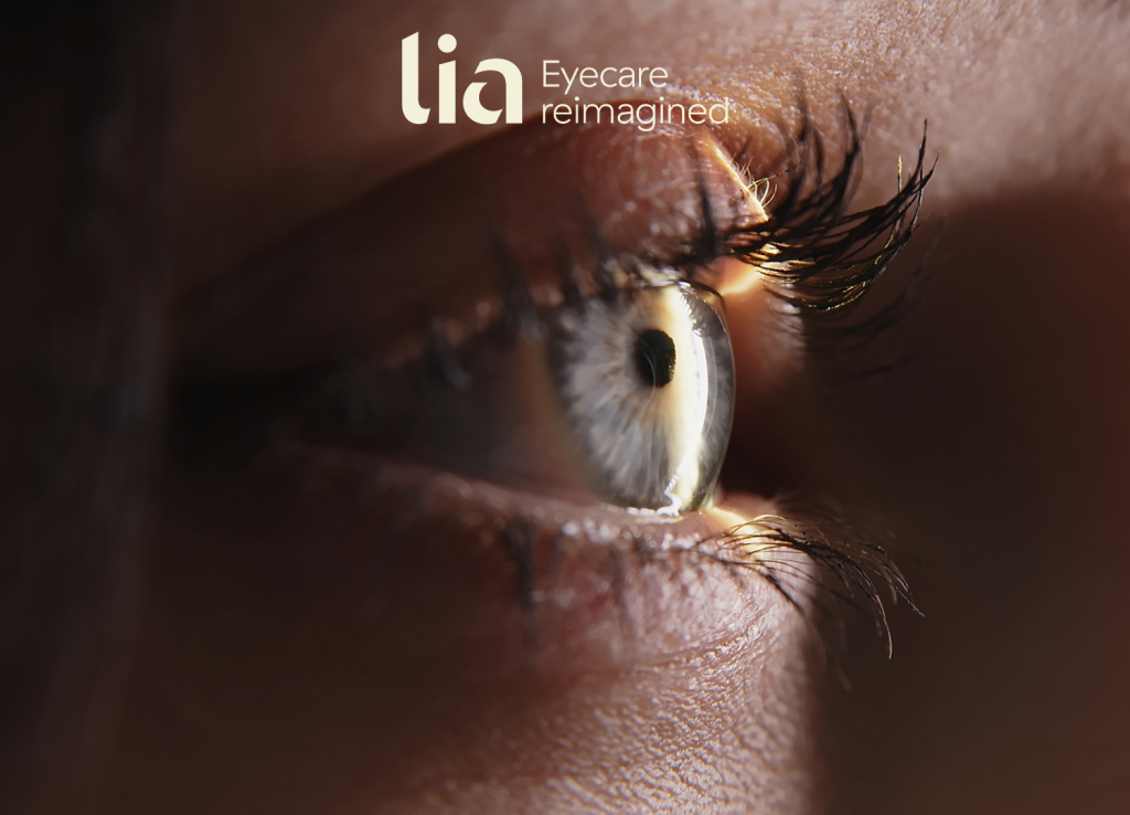 Lia EyeCare branding featuring a close-up of a human eye with the tagline Eyecare reimagined.