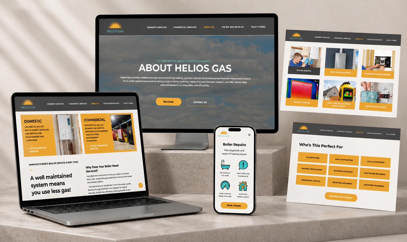 Helios Gas website design displayed across desktop, laptop and mobile mockups, showcasing domestic and commercial heating services, boiler repairs and customer information.