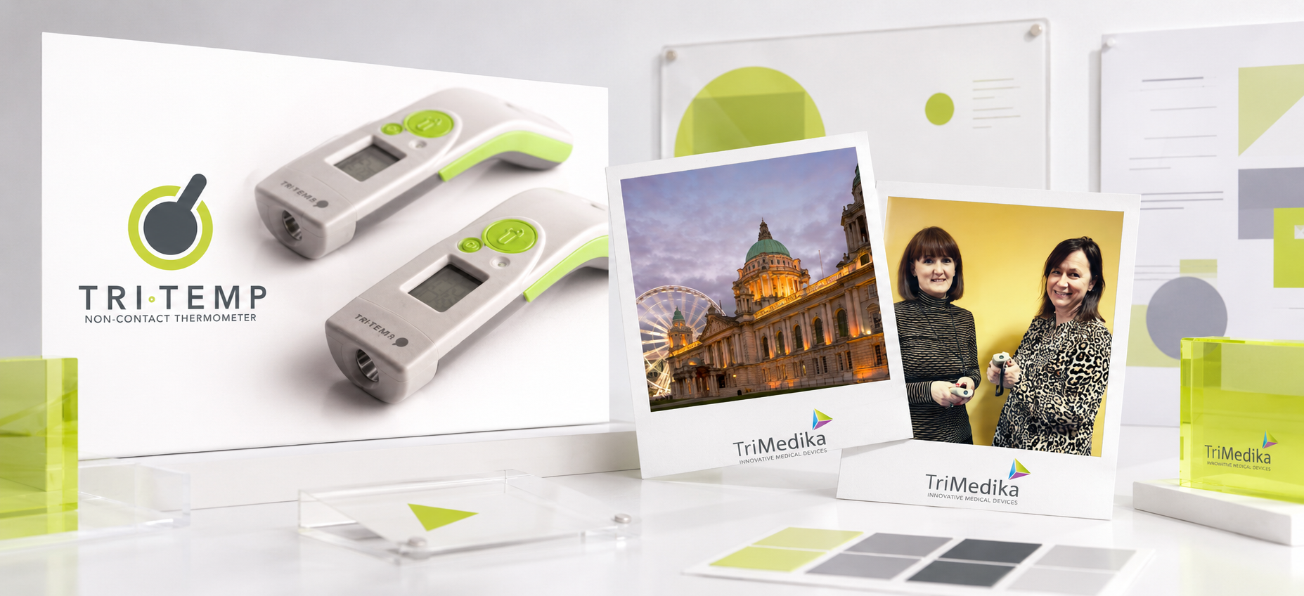 TriMedika branded marketing designs featuring the TRITEMP non-contact thermometer, Belfast imagery, team photography and brand colour palette.