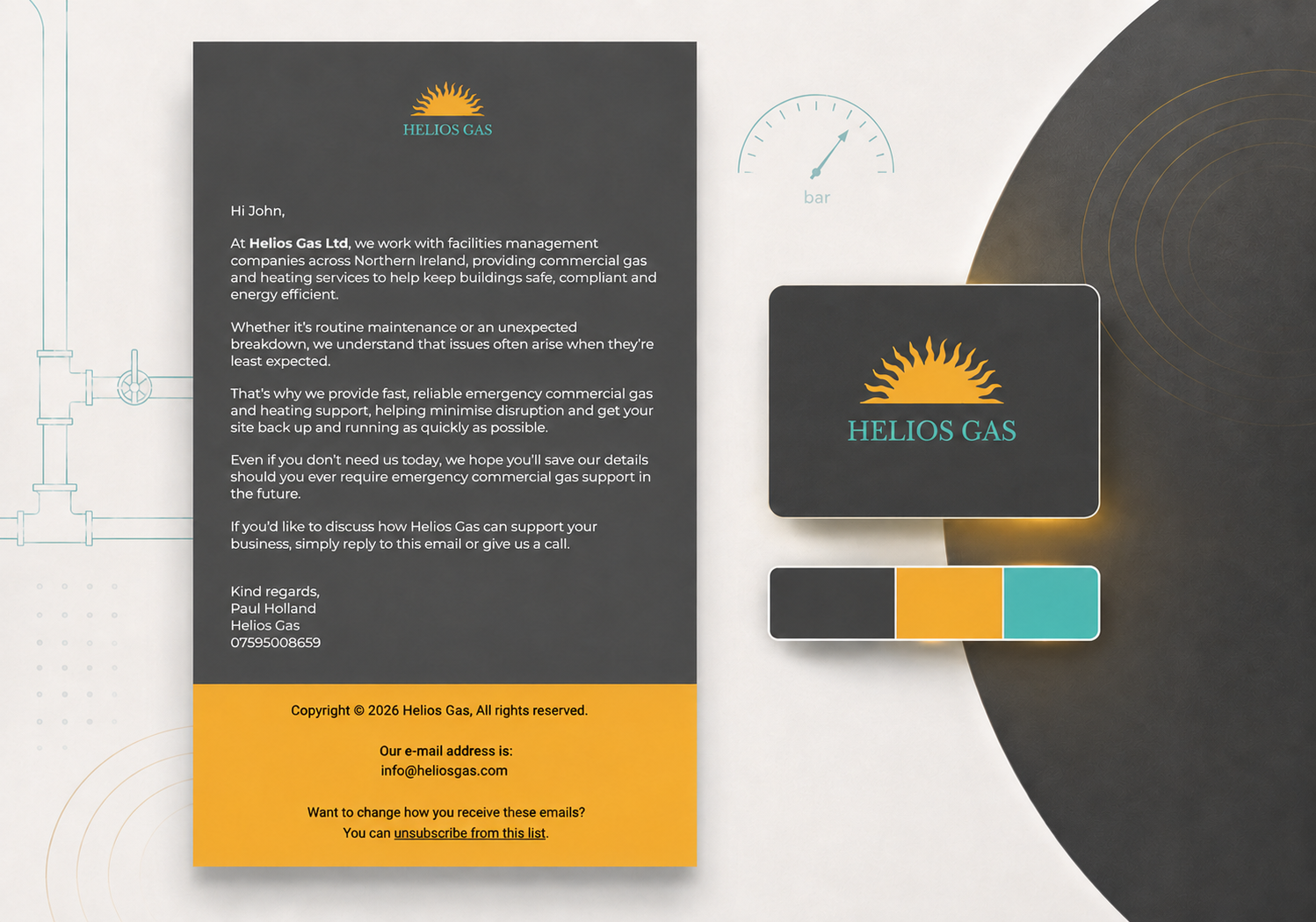 Helios Gas branded email marketing design featuring a commercial heating services email, company logo and brand colour palette in charcoal, yellow and turquoise.