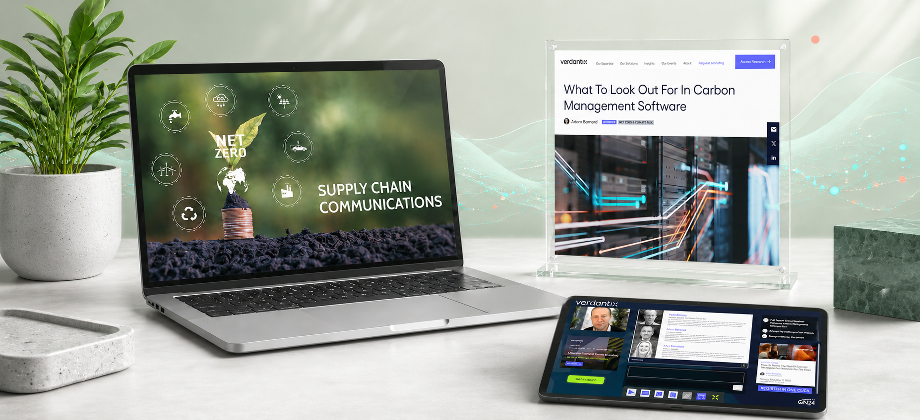 CarbonFit digital marketing designs displayed on laptop and tablet mockups, featuring net zero supply chain communications, carbon management software content and online articles.