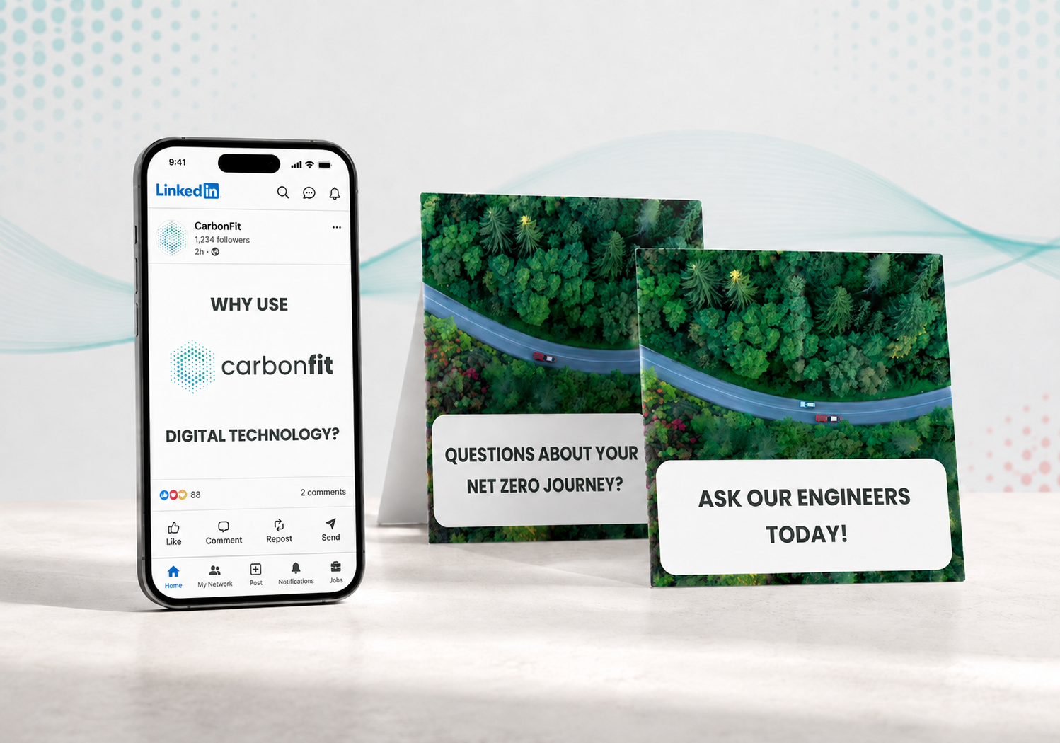 CarbonFit LinkedIn social media designs featuring digital technology, net zero sustainability messaging and calls to engage with CarbonFit engineers.