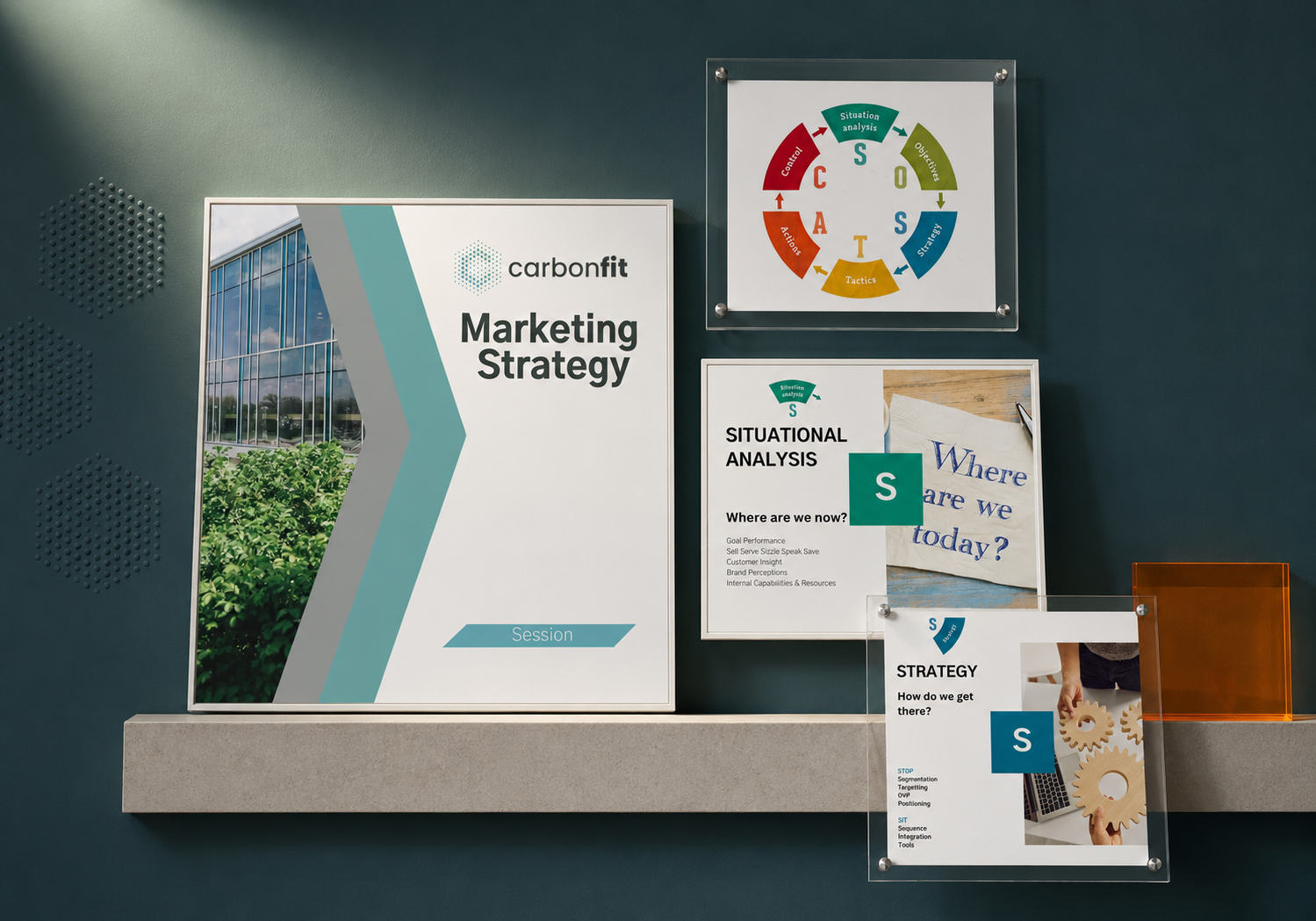 CarbonFit marketing strategy presentation featuring a branded cover, SOSTAC framework diagram, situational analysis and strategy planning slides.