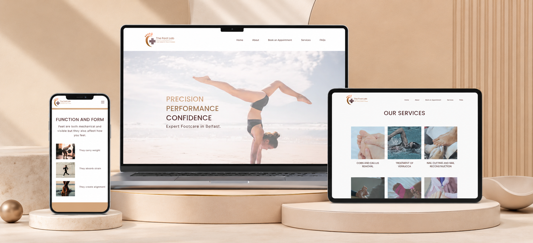 The Foot Lab website design displayed on laptop, tablet and mobile mockups, showcasing foot health services, treatment information and appointment booking.