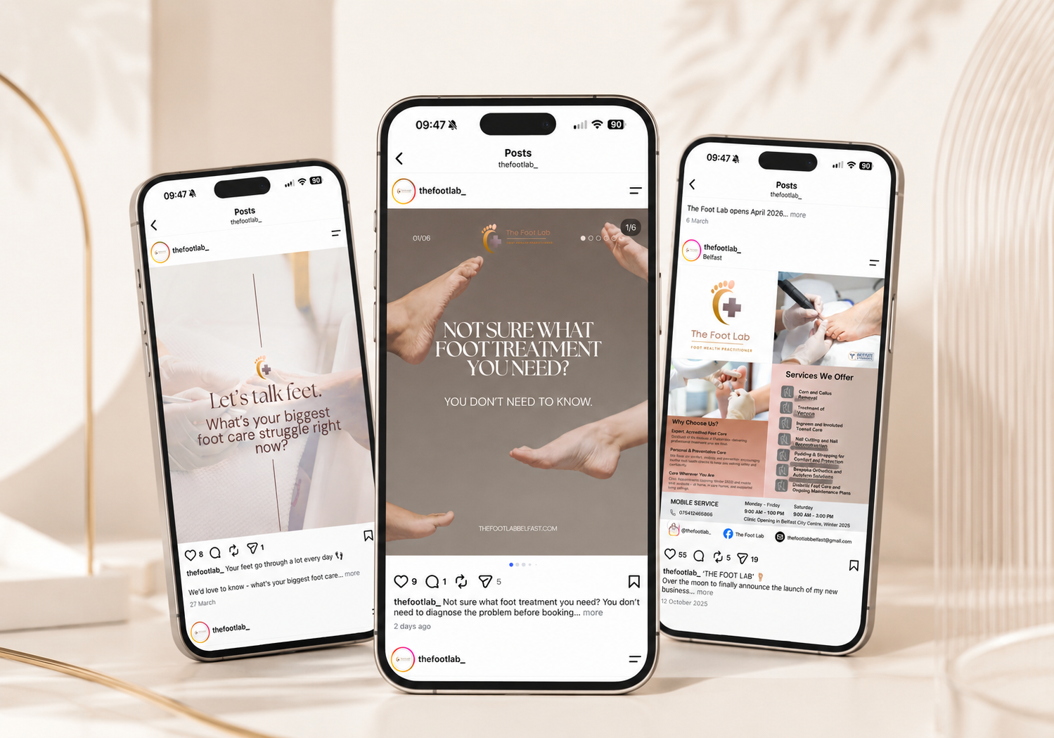 The Foot Lab social media designs displayed on three smartphone mockups, showcasing foot care advice, treatment information and available services.