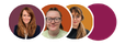 Three overlapping team member portraits with pink and grey circles.