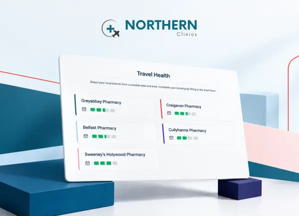 Northern Clinics online travel health booking system showing pharmacy locations and appointment availability.
