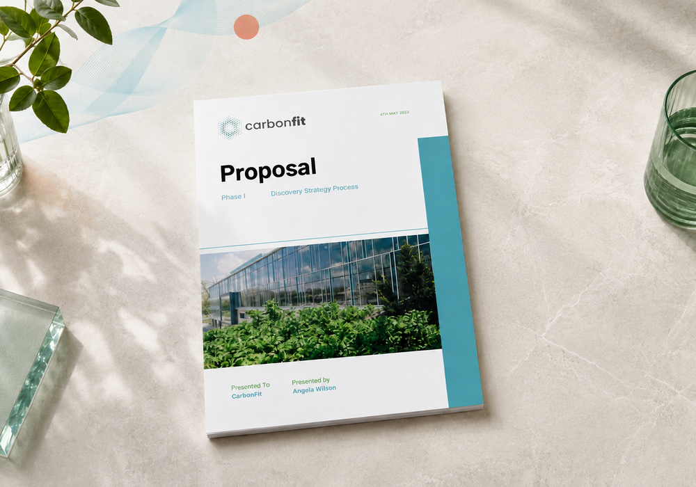 CarbonFit branded proposal document for Phase 1 Discovery Strategy Process, featuring the CarbonFit logo, modern glass building and turquoise design accents.
