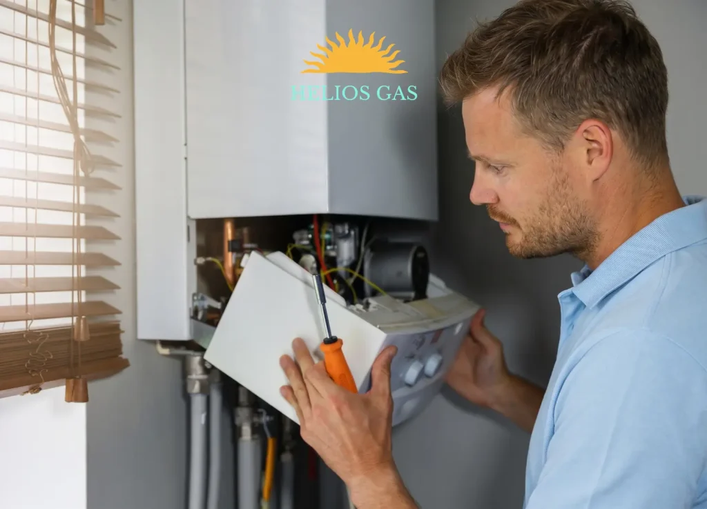 Helios Gas engineer inspecting a domestic gas boiler during maintenance.