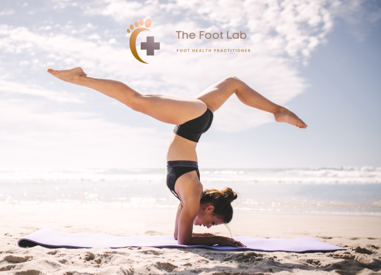 The Foot Lab branded image featuring a woman performing a yoga forearm balance on a beach, with The Foot Lab foot health practitioner logo above.