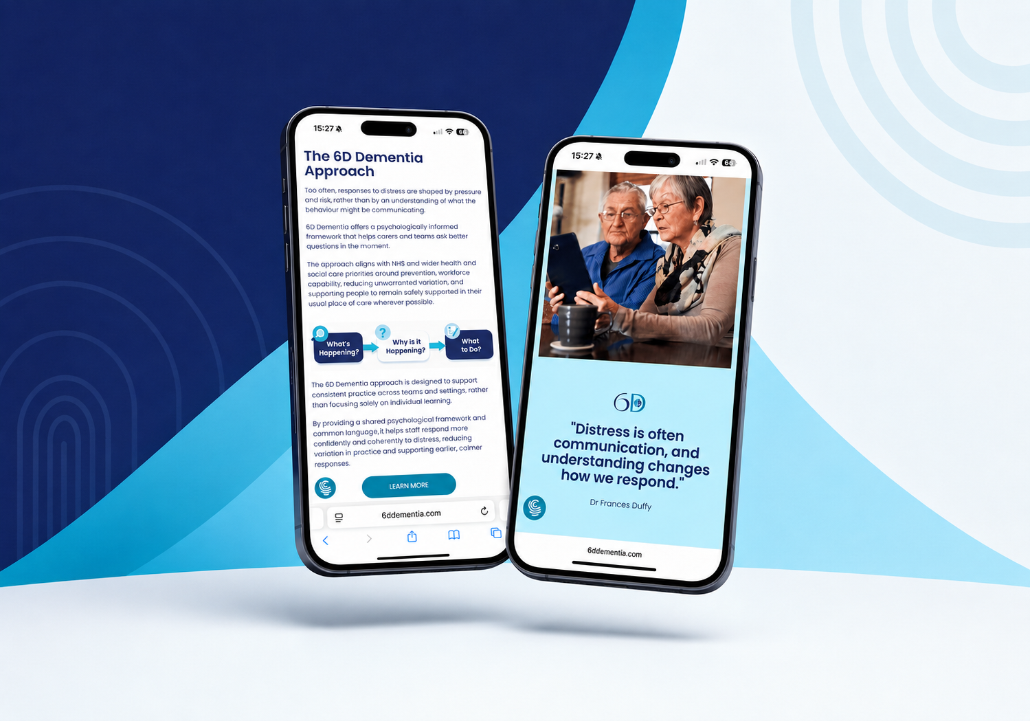 6D Dementia mobile website design displayed on two smartphones, featuring information about dementia support and the 6D approach.