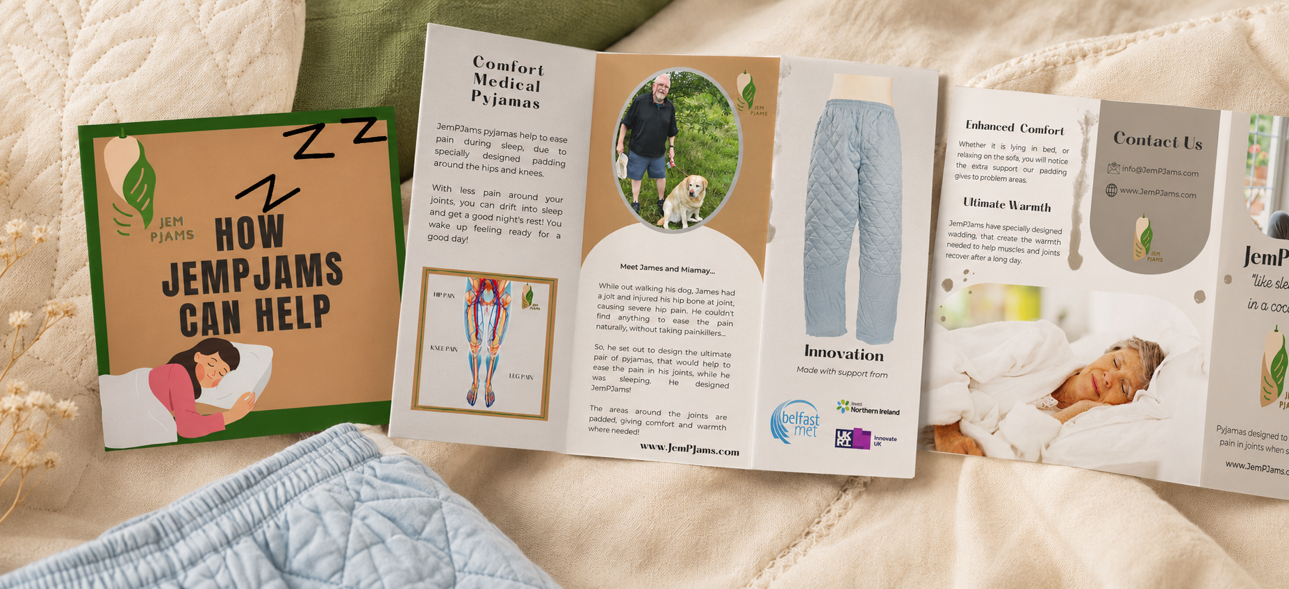 JemPJams branded brochure showcasing the benefits of its comfort pyjamas, product features and customer information.