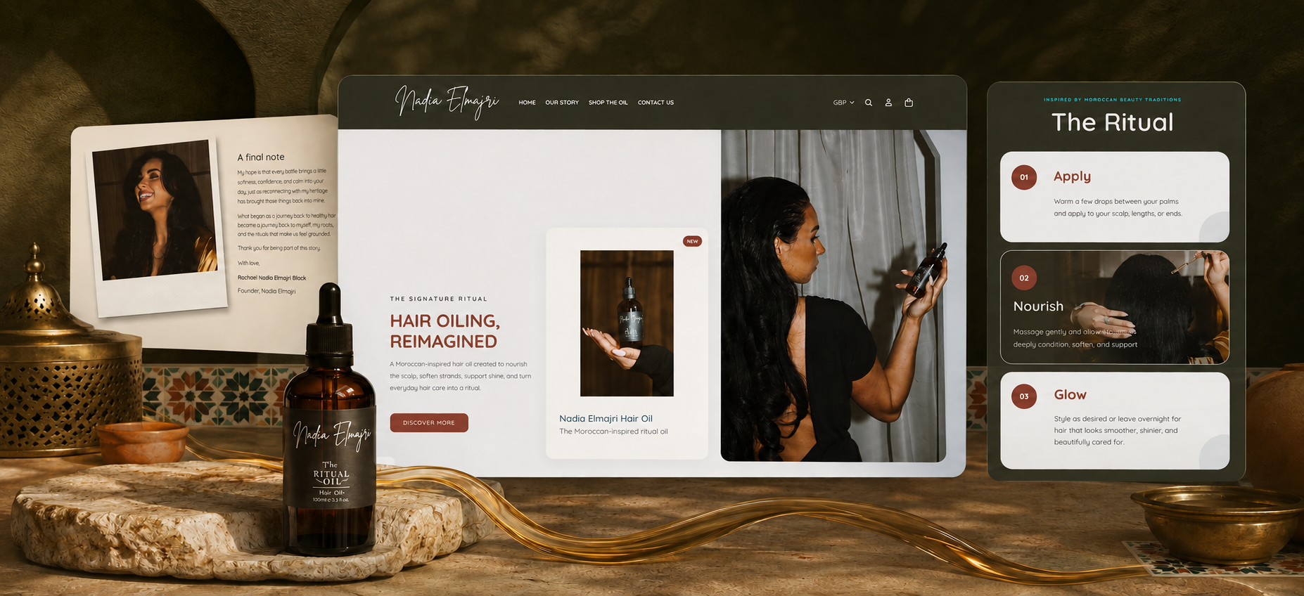 Nadia Elmajri hair oil website design displayed on desktop and mobile screens alongside branded product photography.