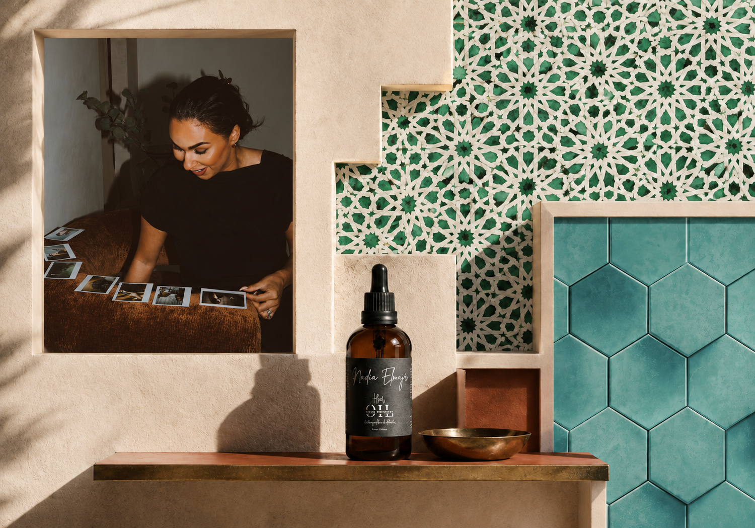 Nadia Elmajri brand imagery featuring a hair oil bottle, Moroccan-inspired tiles and lifestyle photography in warm, earthy tones.