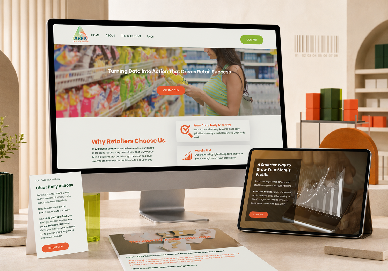 Ares Data Solutions website and digital marketing materials displayed on a desktop monitor, tablet and printed resources, highlighting retail data solutions.