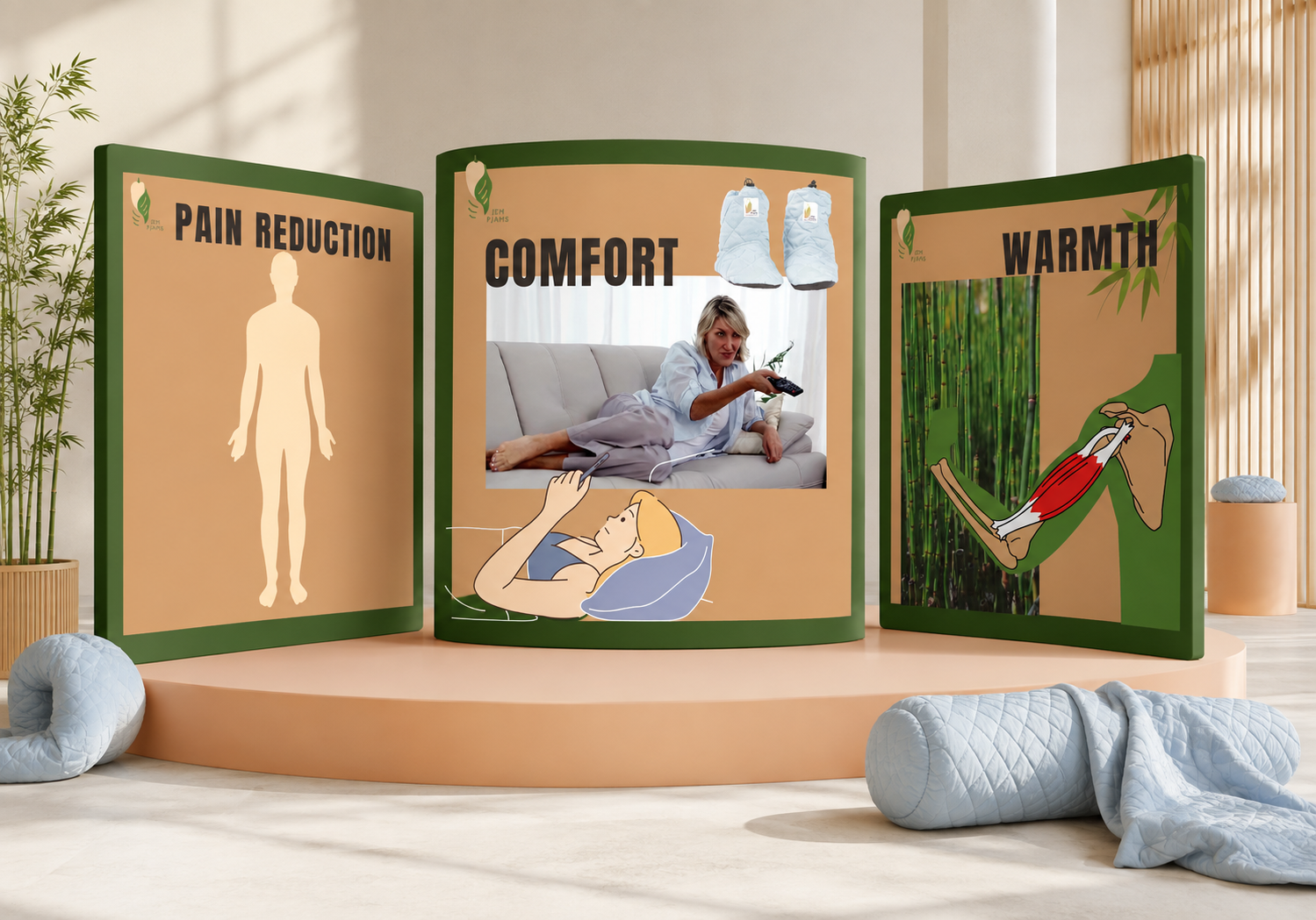 JemPJams branded marketing graphics highlighting pain reduction, comfort and warmth, displayed across three promotional panels.