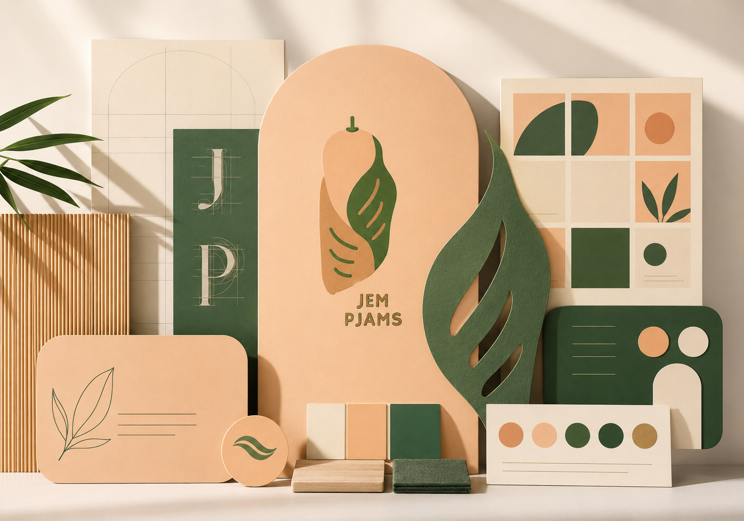 JemPJams brand identity design featuring the peach and leaf logo, typography, stationery and a peach, green and cream colour palette.