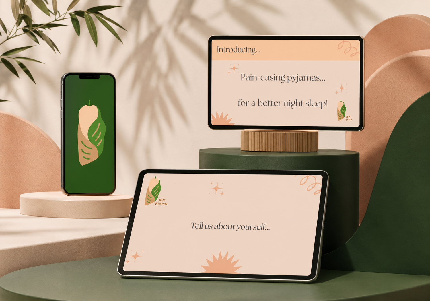 JemPJams branded digital designs displayed on a smartphone and two tablets, promoting pain-easing pyjamas and better sleep.