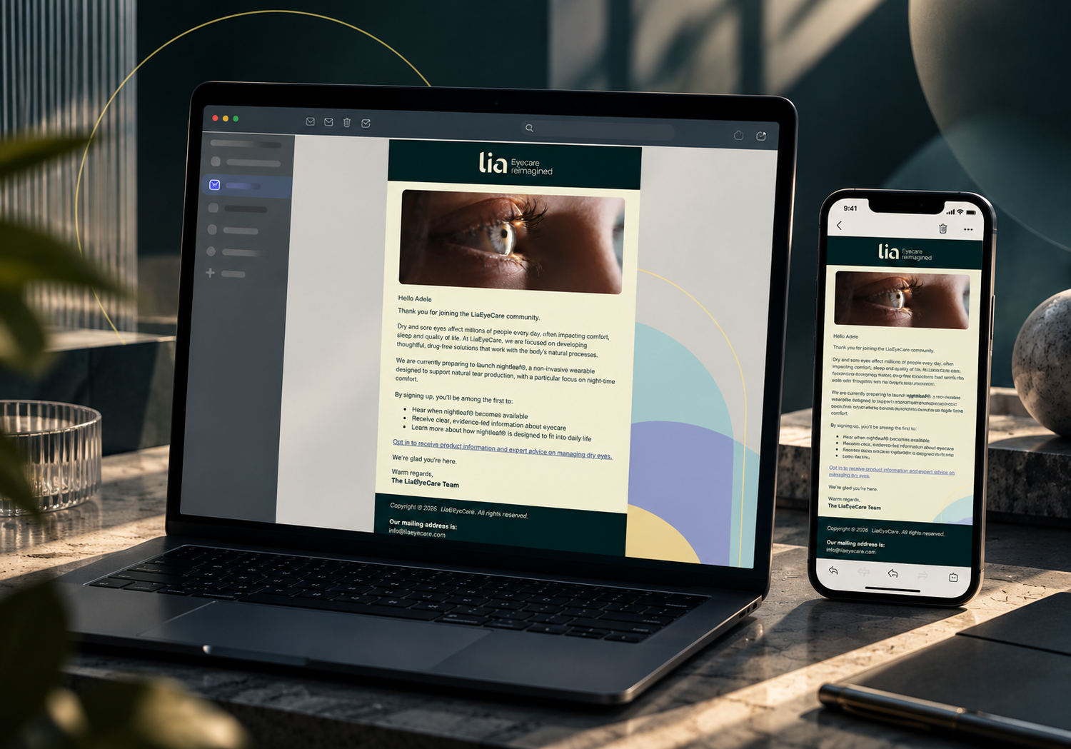 Lia EyeCare branded email campaign designed by Silver Apples Digital, displayed on a laptop and smartphone.