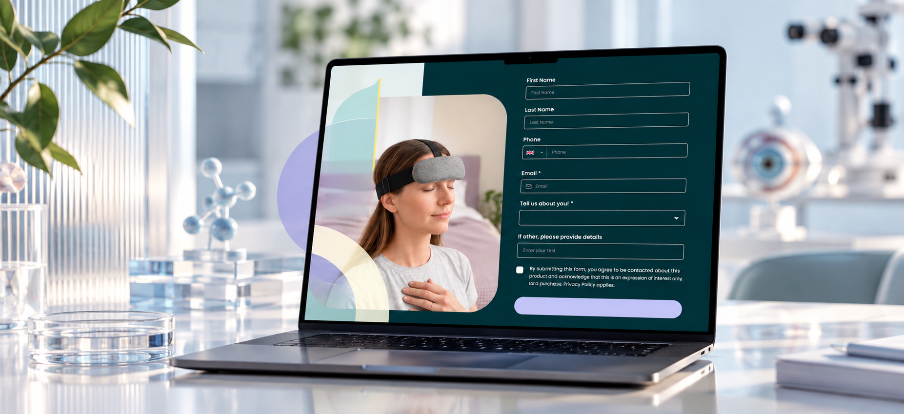 Lia EyeCare registration form designed by Silver Apples Digital, displayed on a laptop alongside nightleaf product imagery.