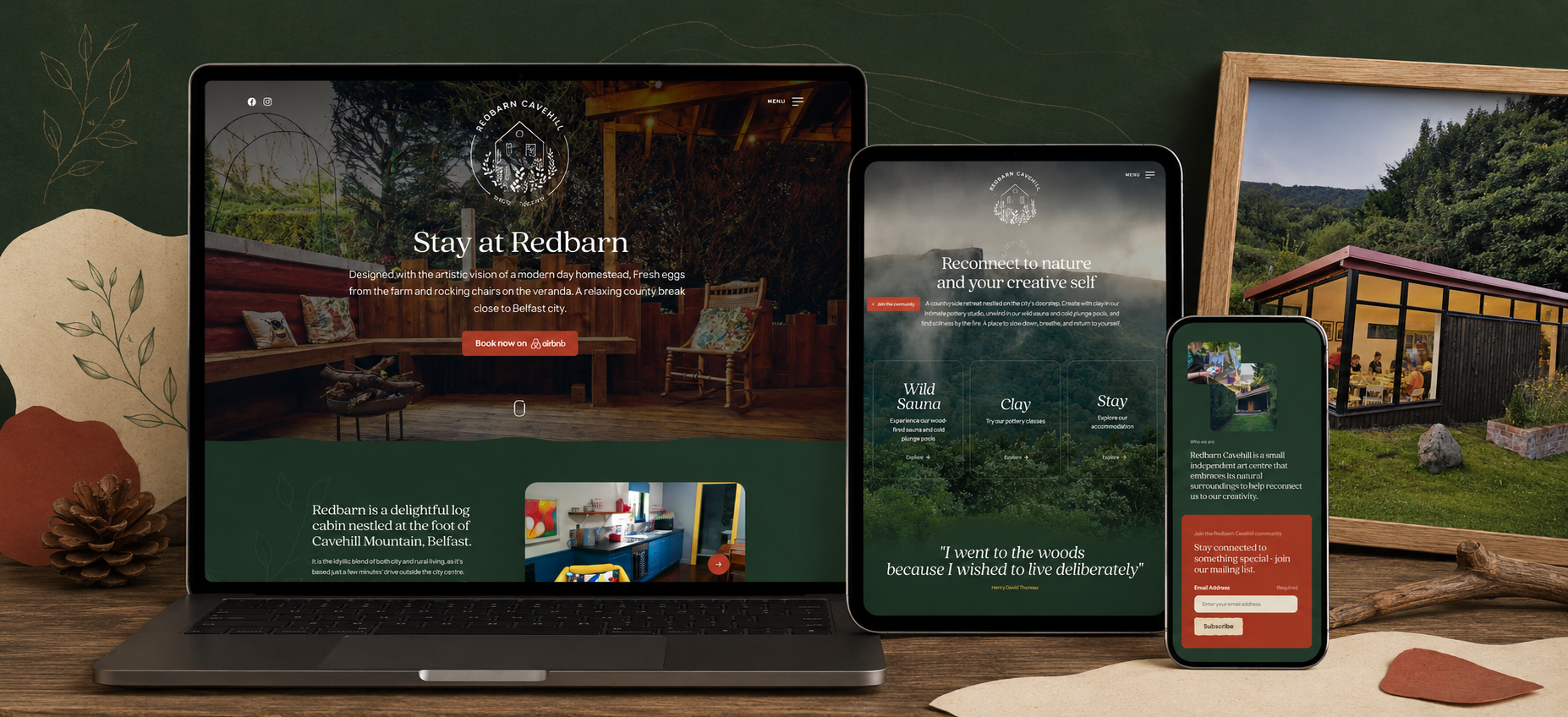 Redbarn Cavehill responsive website design displayed on a laptop, tablet and smartphone, showcasing the accommodation and woodland surroundings.