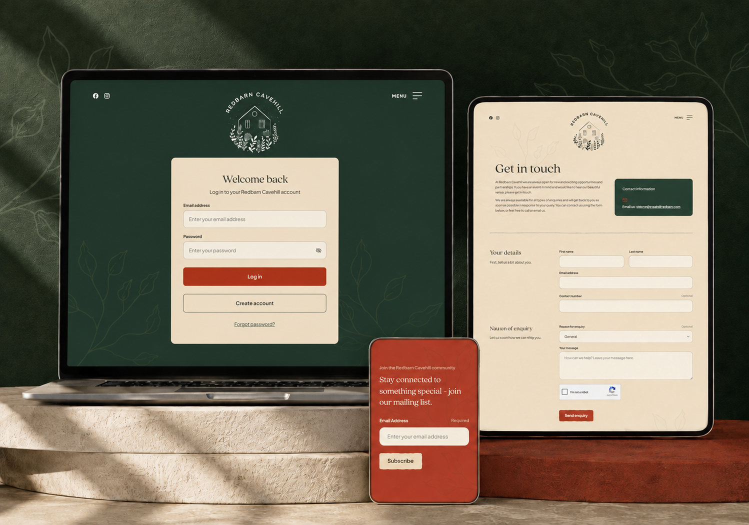 Redbarn Cavehill digital booking and enquiry system showing a customer login page, contact form and email newsletter sign-up.