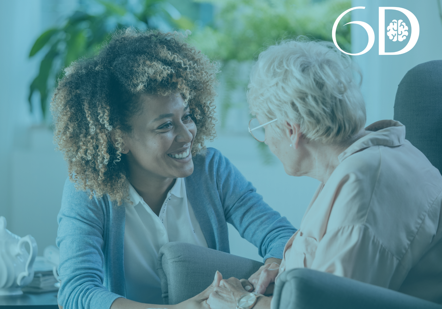 6D Dementia branded image showing a care professional smiling and holding hands with an older woman, with the 6D logo.
