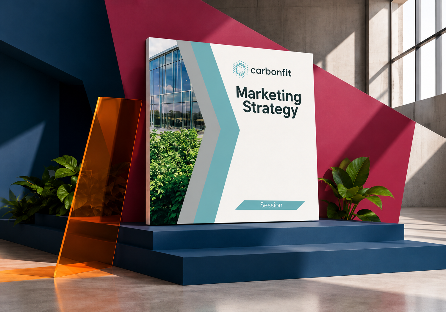 Carbonfit marketing strategy presentation displayed with branded graphics and sustainable building imagery.