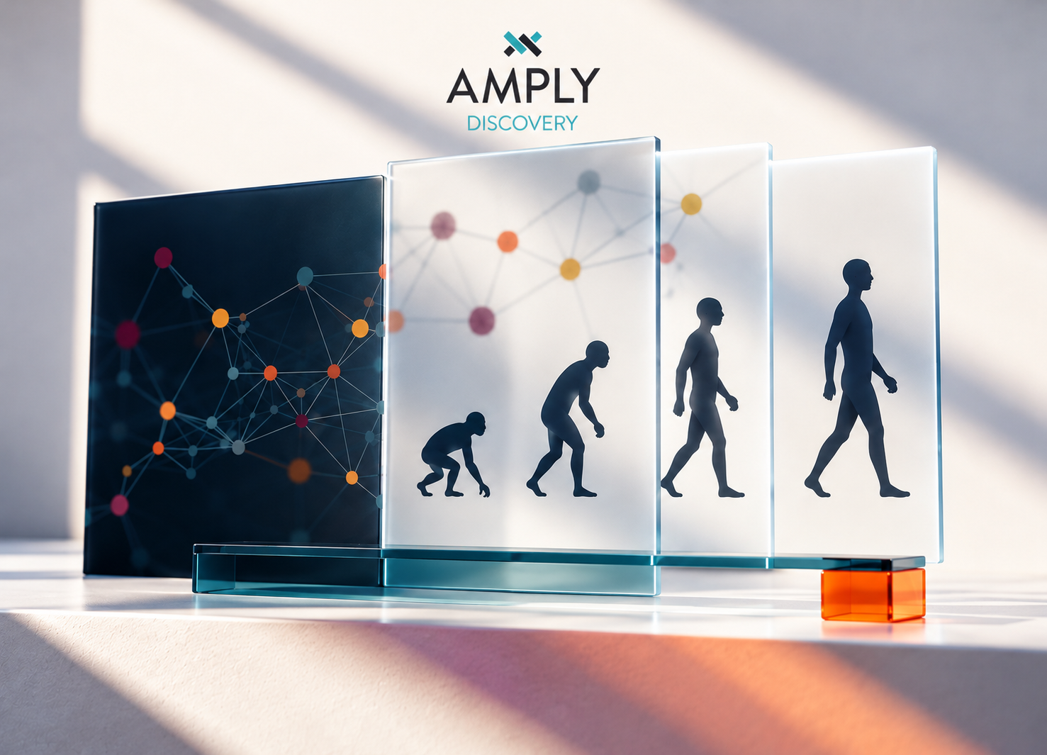 AMPLY Discovery illustration showing human evolution through glass panels, with connected data points representing scientific progress.